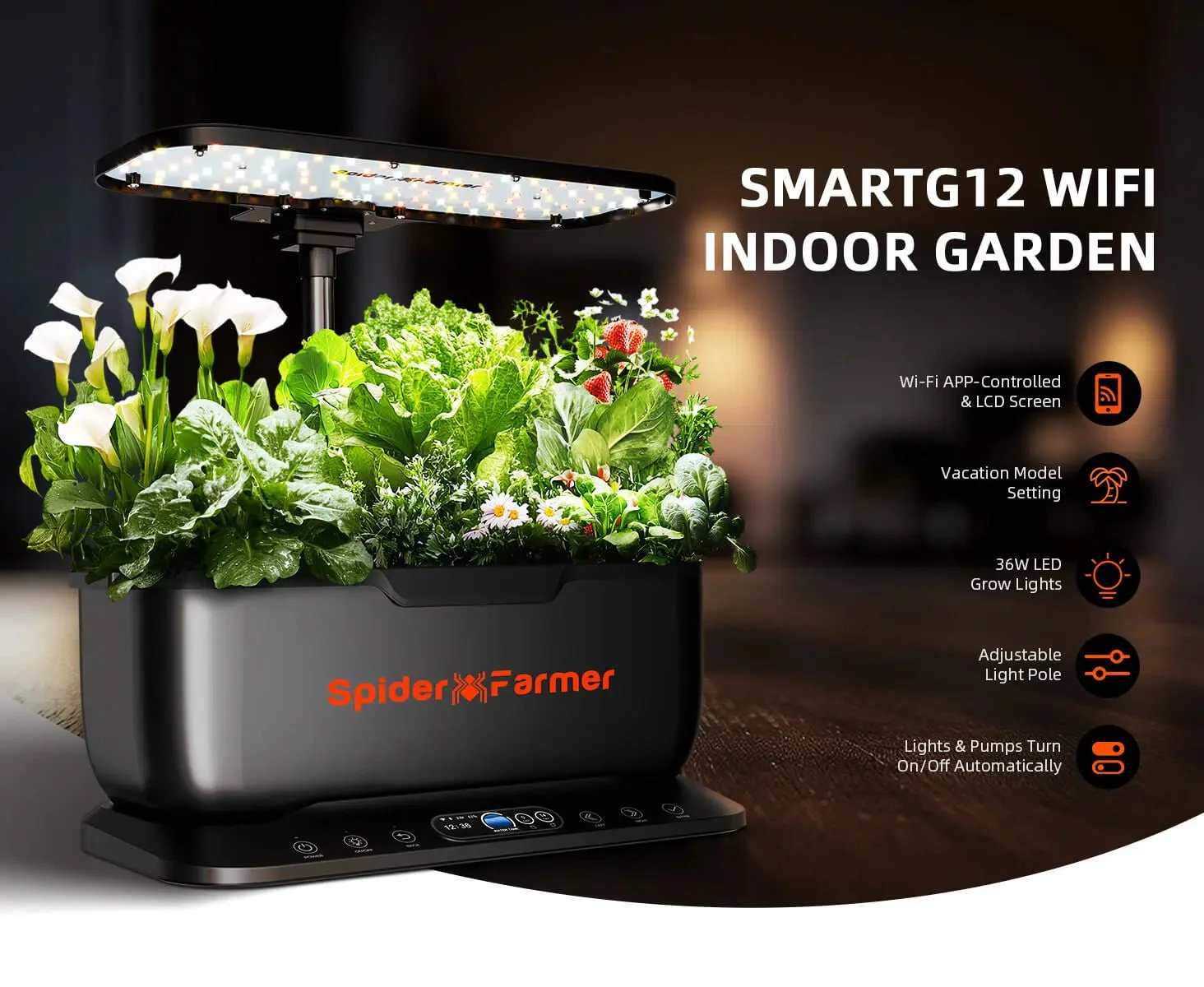 Spider Farmer SmartG12 Hydroponic Gardening System Kit, APP & Wifi Controlled, 36W LED Grow Light, 12 Pods Indoor Herb Garden, 6L Water Tank - Image 10