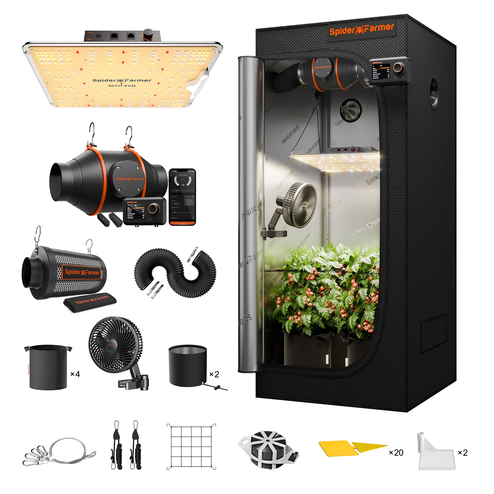 Spider Farmer 2’x2′ Complete Grow Tent Kit丨SF1000 301H EVO Full Spectrum LED Grow Light丨6” Clip Fan丨4” Ventilation System with GGS Controller - Image 12