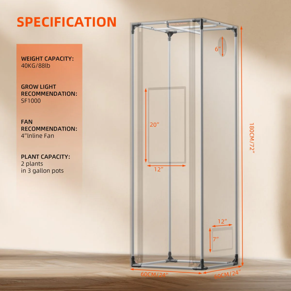 Spider Farmer 2’x2’x6′ 60cm x 60cm x 180cm Pro White Indoor Grow Tent 2000D Oxford Cloth Hydroponics Plant Growing Box - Image 4