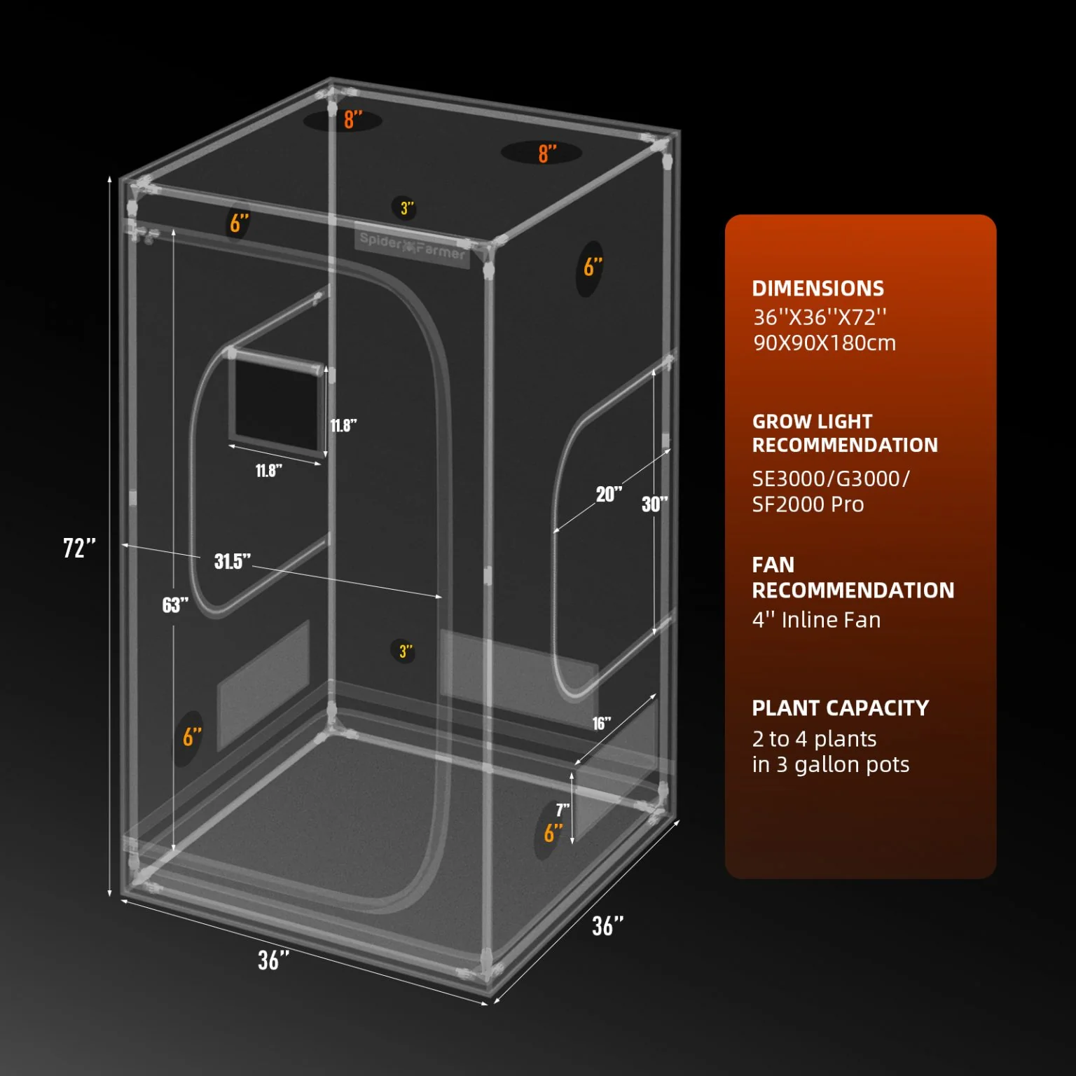 Spider Farmer 3’x3’x6′ 90cm x 90cm x 180cm Indoor Grow Tent （Free Grinder） - Image 3