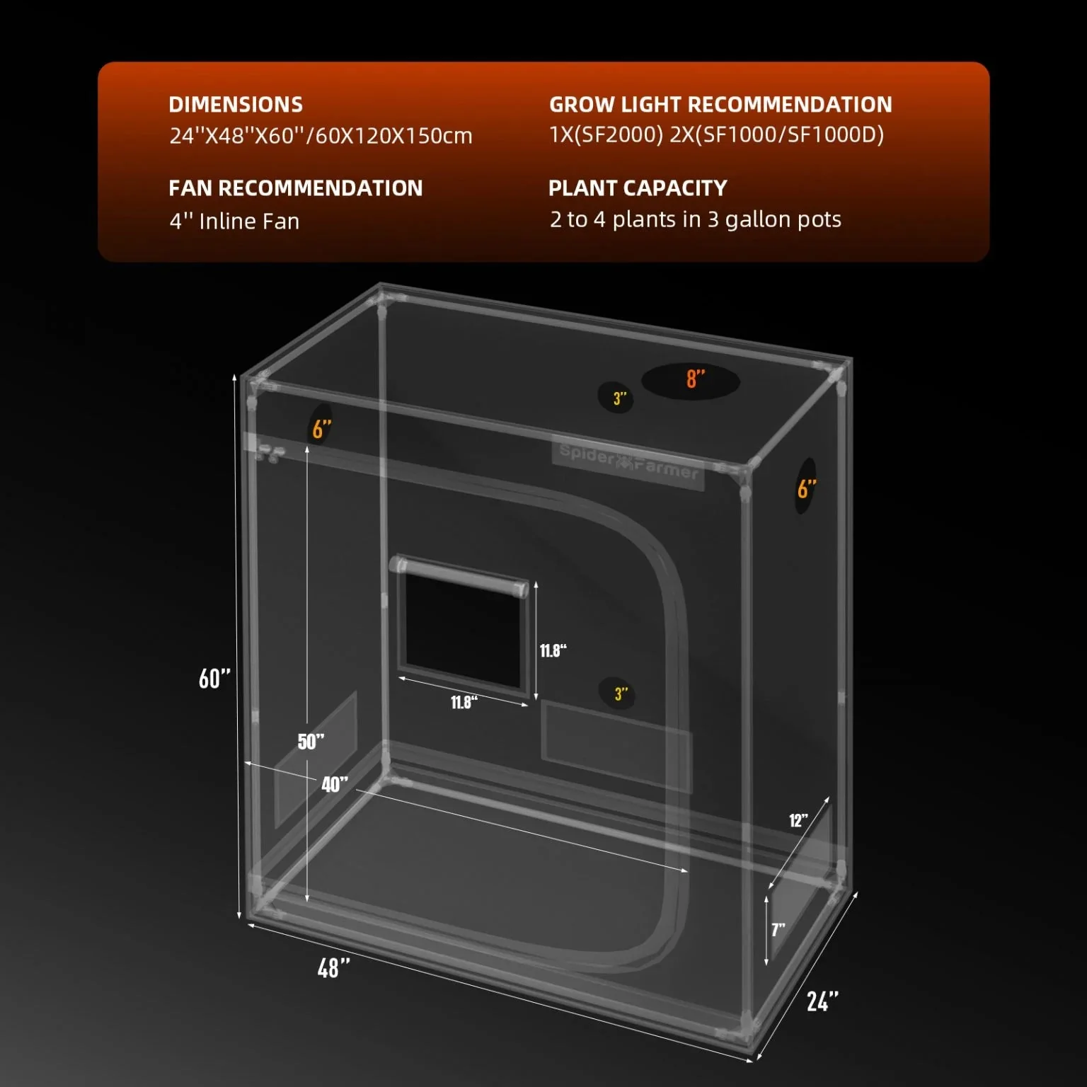 Spider Farmer 4’x2’x5′ 120cm x 60cm x 150cm Indoor Grow Tent - Image 5
