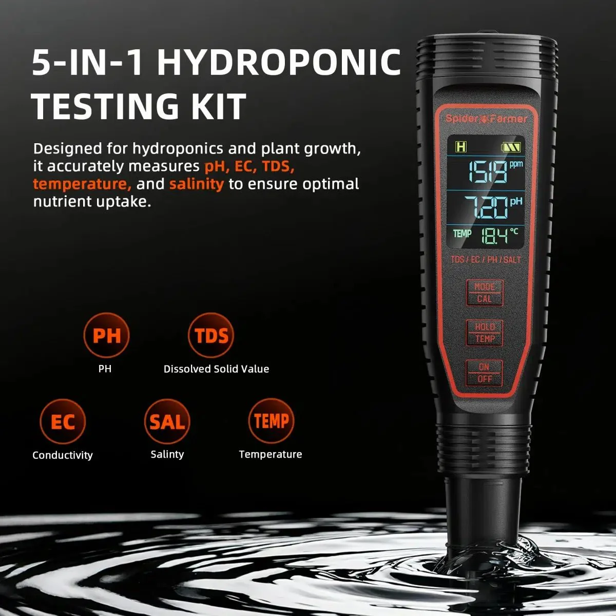 Spider Farmer 5-in-1 pH Hydroponic Meter Kit - Image 2