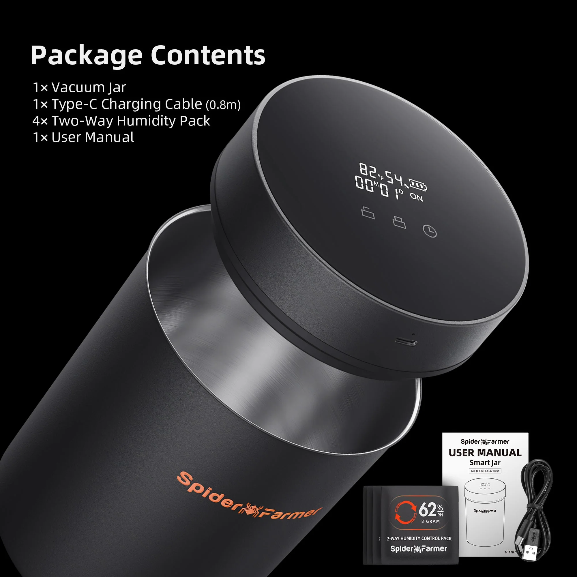 Spider Farmer 2L Auto-Cure Smart Jar | Portable Vacuum Seal Curing Jar with Smart Lid | 4 Pcs 2-Way 62% Humidity Packs | Wide Mouth and Flat Bottom | Curing and Fresh Storage for Coffee, Herb, Mushrooms,Spices, Flower,Foods - Image 2