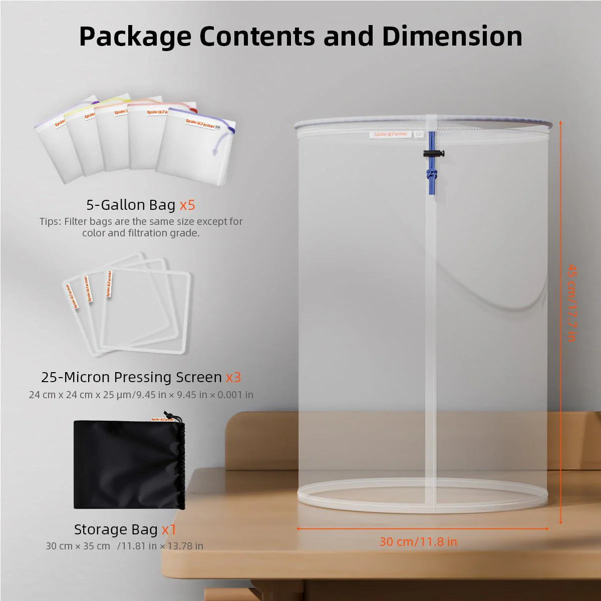 Spider Farmer 5-Pack 5-Gallon Reusable All-Mesh Filter Bags | with Filter Screen and Storage Pouch | 25-220 Micron for Hydroponic Vegetables, Herb, Tea, Coffee and Ice Filtration - Image 3