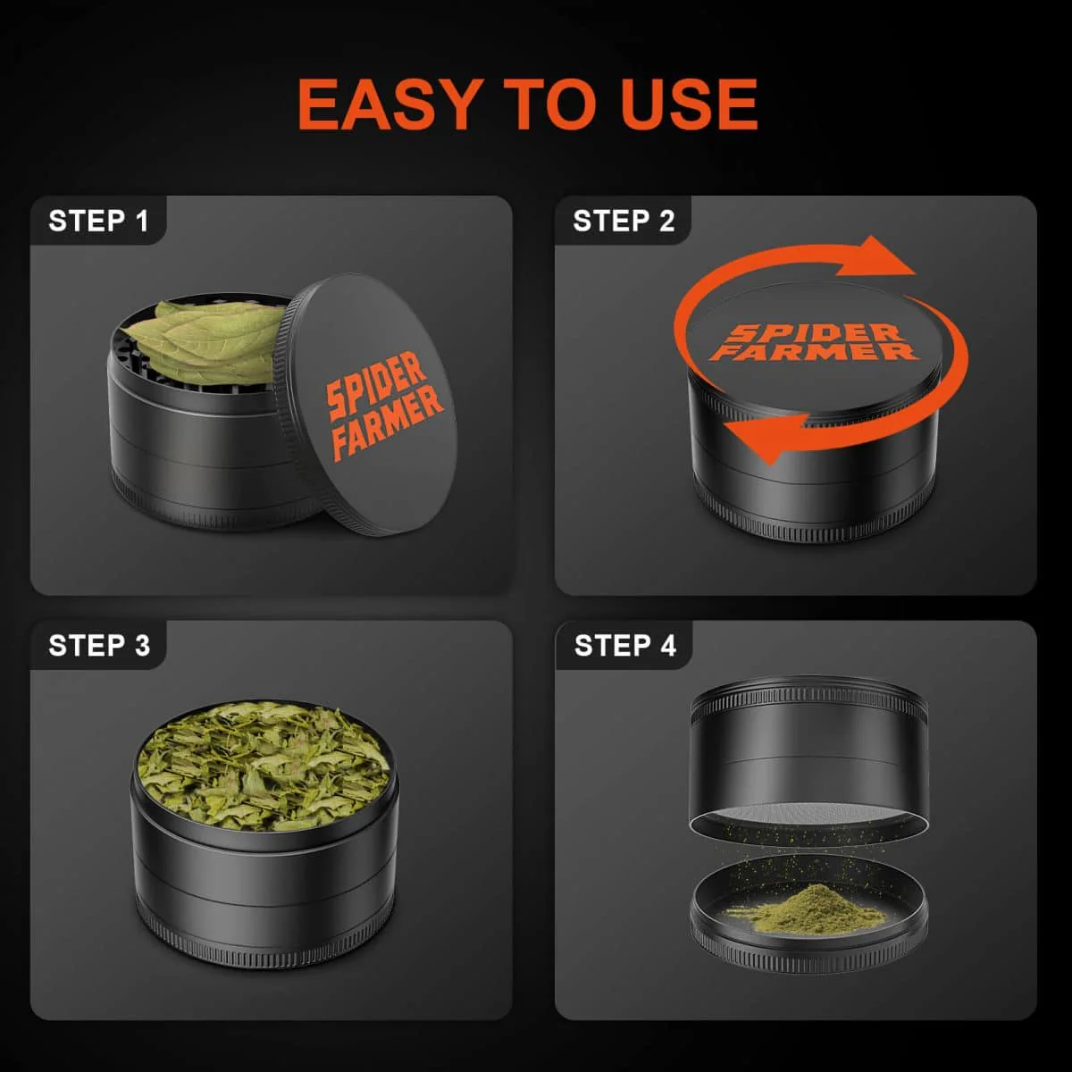 Spider Farmer 3″ Spice Pepper Grinder – 4-Piece Metal Grinder with Magnetic Lid - Image 4
