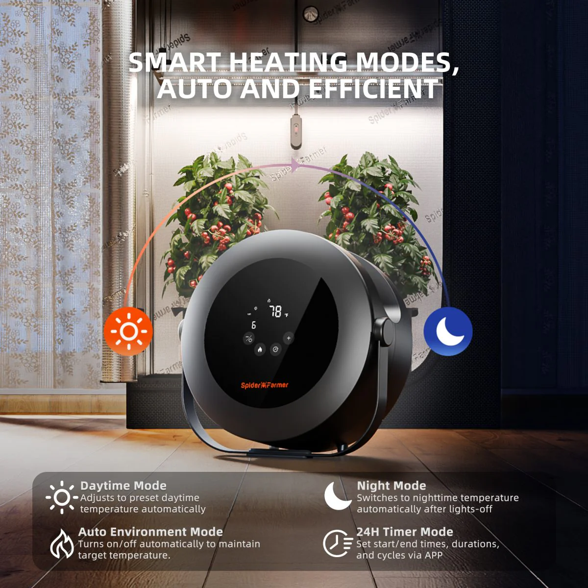 Spider Farmer Grow Tent Heater – Smart Temperature Control,10-Level PTC Heating,Day/Night Auto Settings,24H Timer, Safe Indoor Plant Heater for Grow Rooms - Image 5