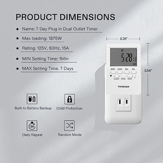 VIVOSUN 7 Day Programmable Digital Timer with Dual Outlet 1-Pack - Image 2