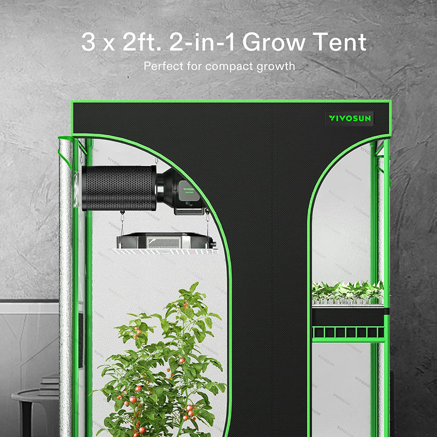 Vivosun 2-in-1 Mylar Grow Tent 3x2 with Multi-Chamber, 36″ x 24″ x 53″ - Image 2